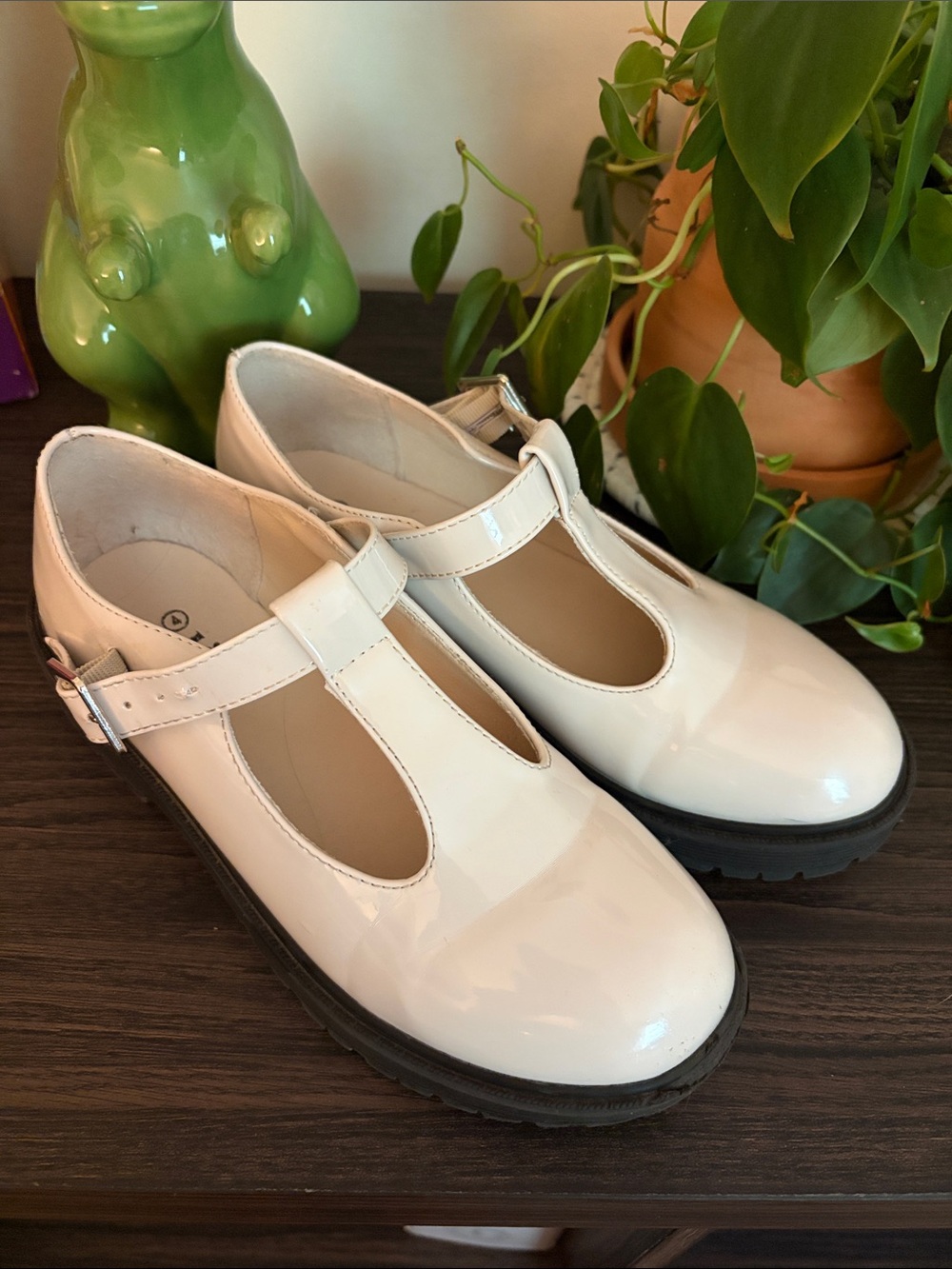 Link Patent T‑Strap Mary Jane Shoes in White